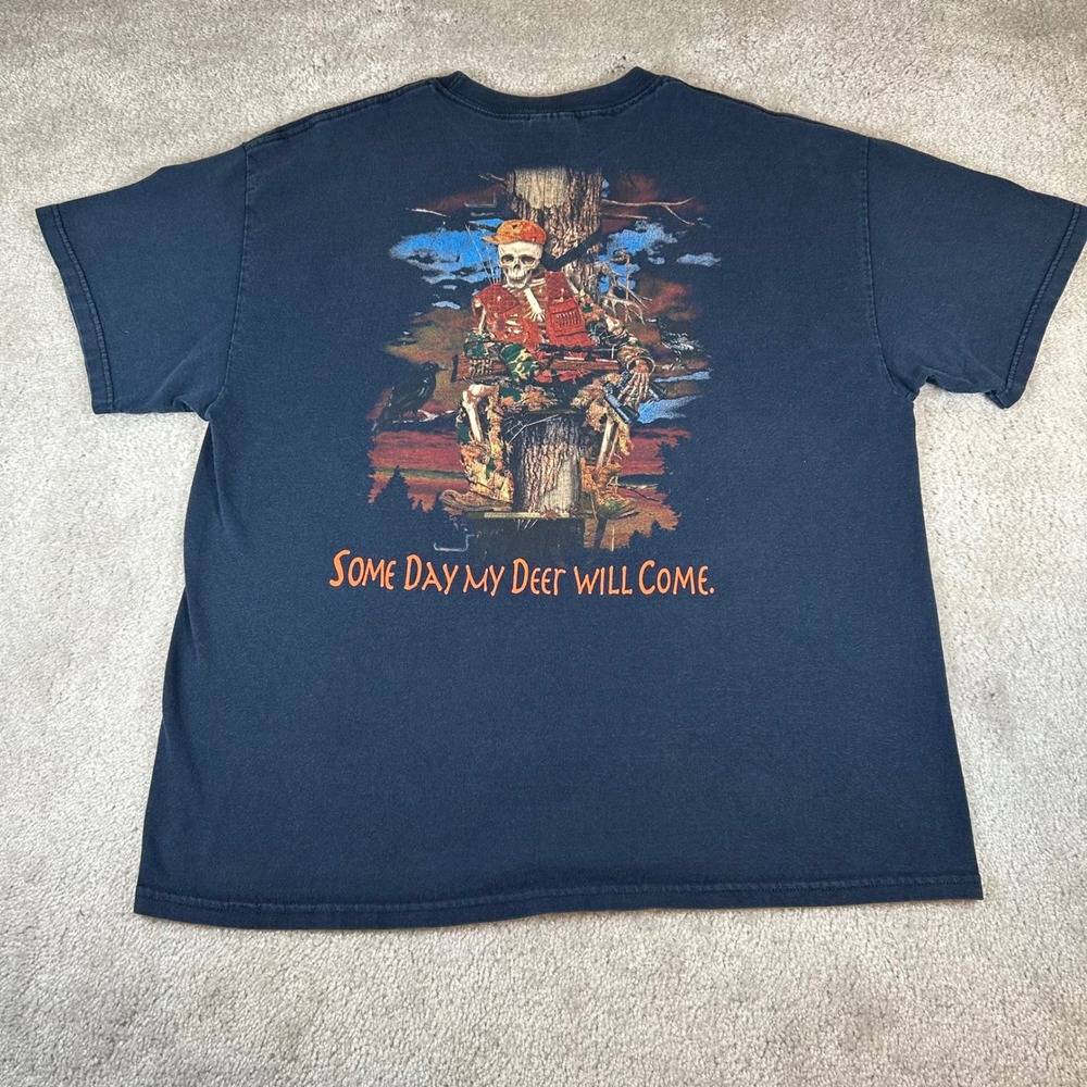 Vintage Y2K Hunting Graphic Tee Mens XL Navy Some Day My Deer Will Come Skeleton